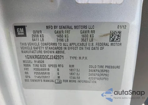 2012 Chevrolet Traverse Lt из США, поврежденный, VIN 1GNKRGED3CJ242371